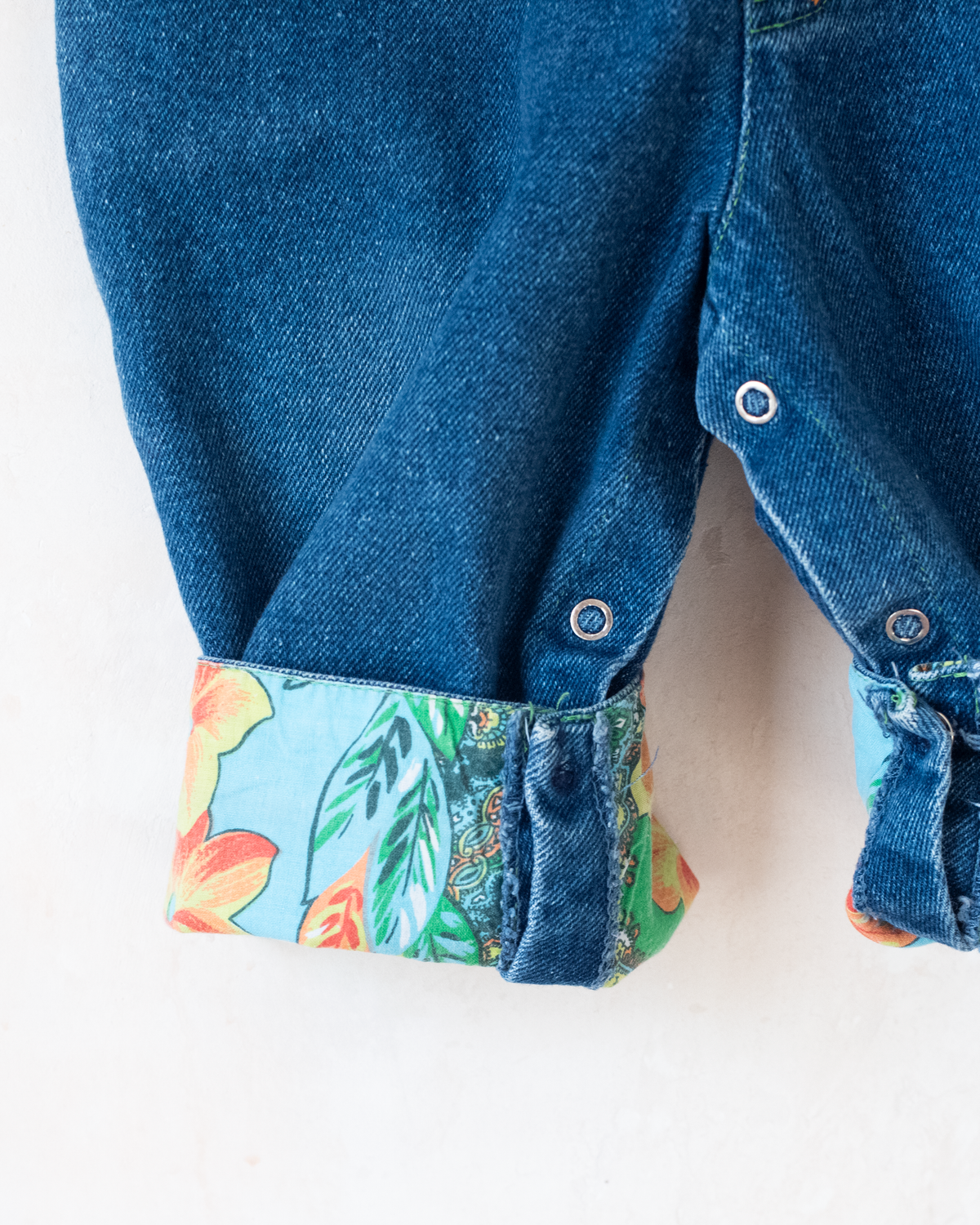 Denim overalls with colorful patches | 9-12 months