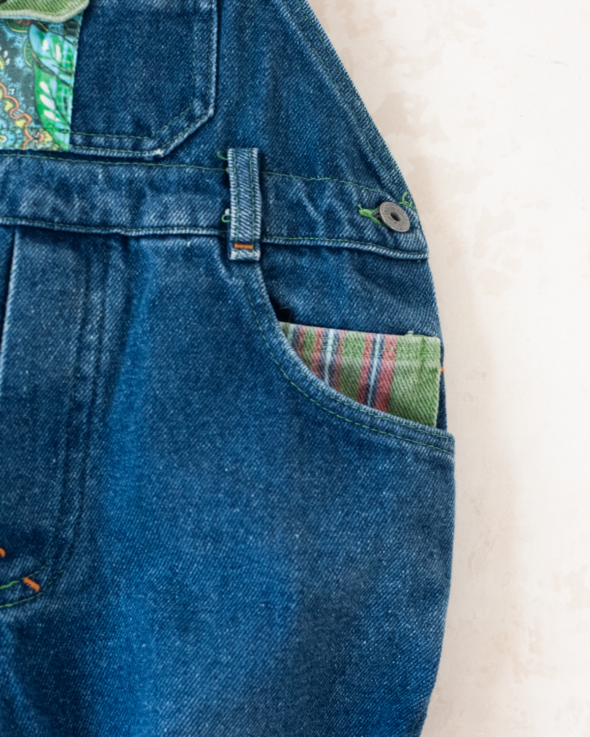 Denim overalls with colorful patches | 9-12 months