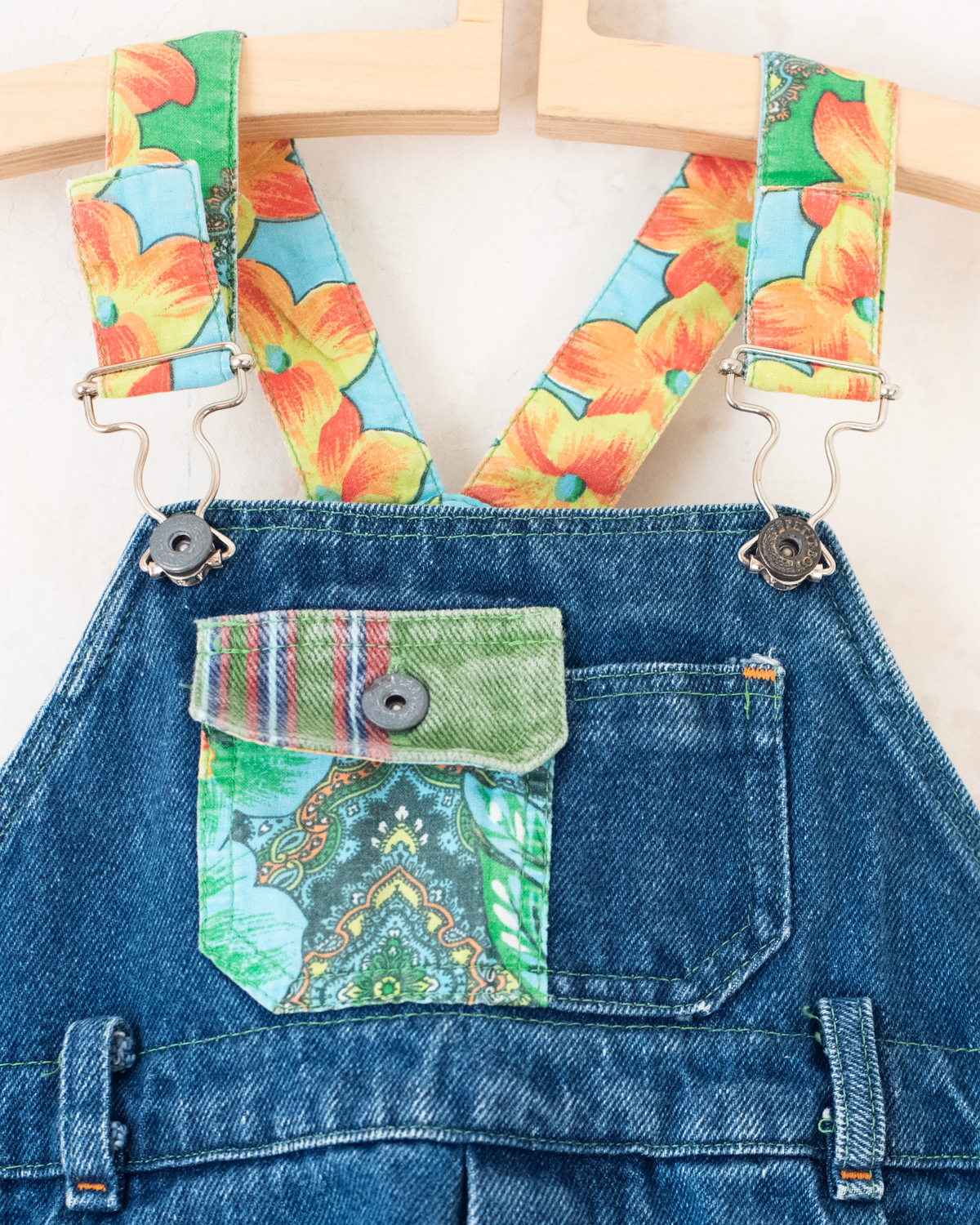 Denim overalls with colorful patches | 9-12 months