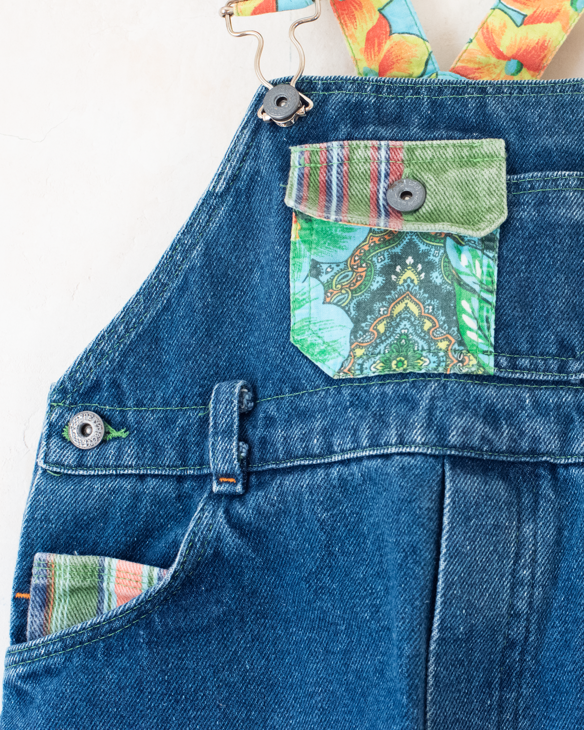Denim overalls with colorful patches | 9-12 months