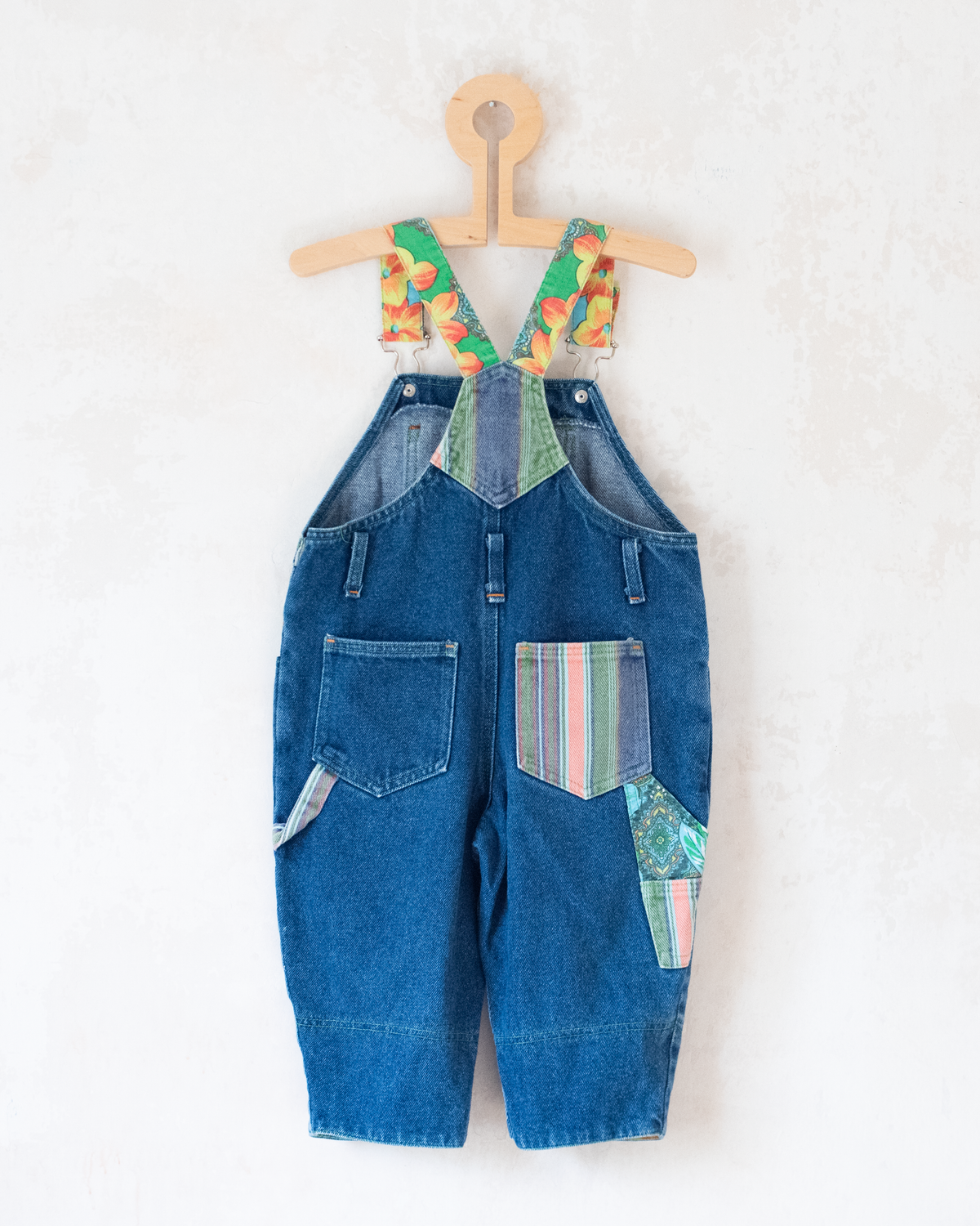 Denim overalls with colorful patches | 9-12 months