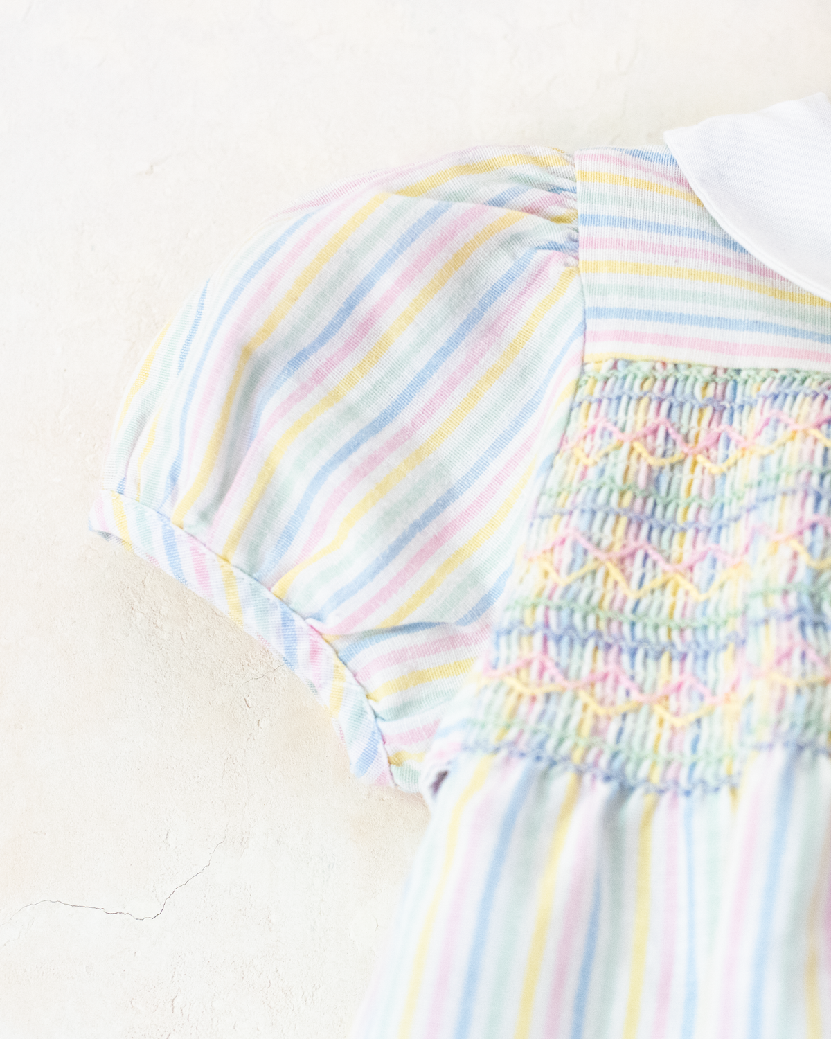 Pastel striped dress with gathered embroidery | 3-6 months