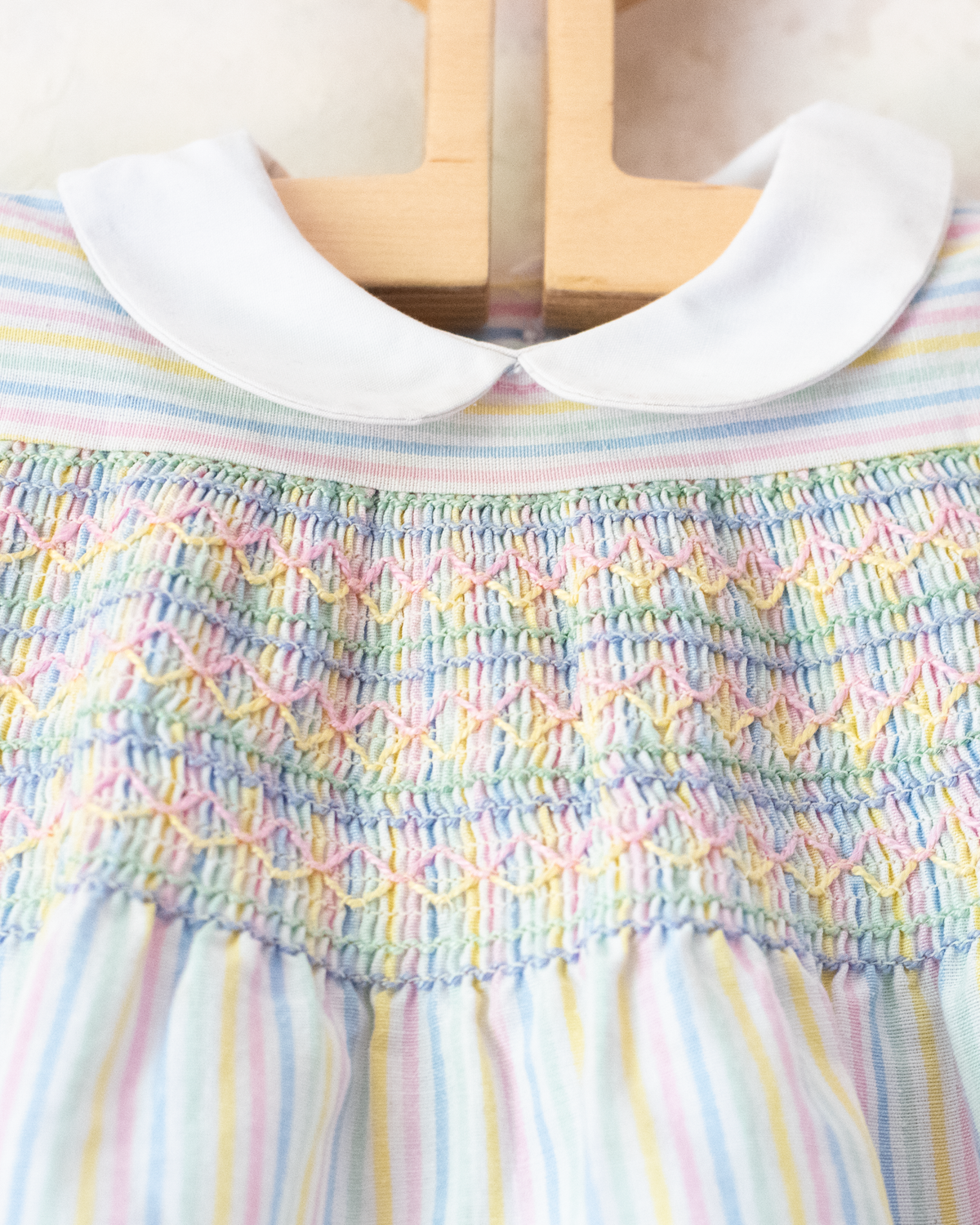 Pastel striped dress with gathered embroidery | 3-6 months