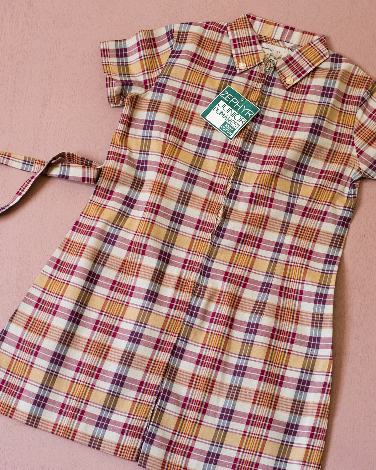 Plaid dress in shades of beige and burgundy | French dead stock | 4-5 years
