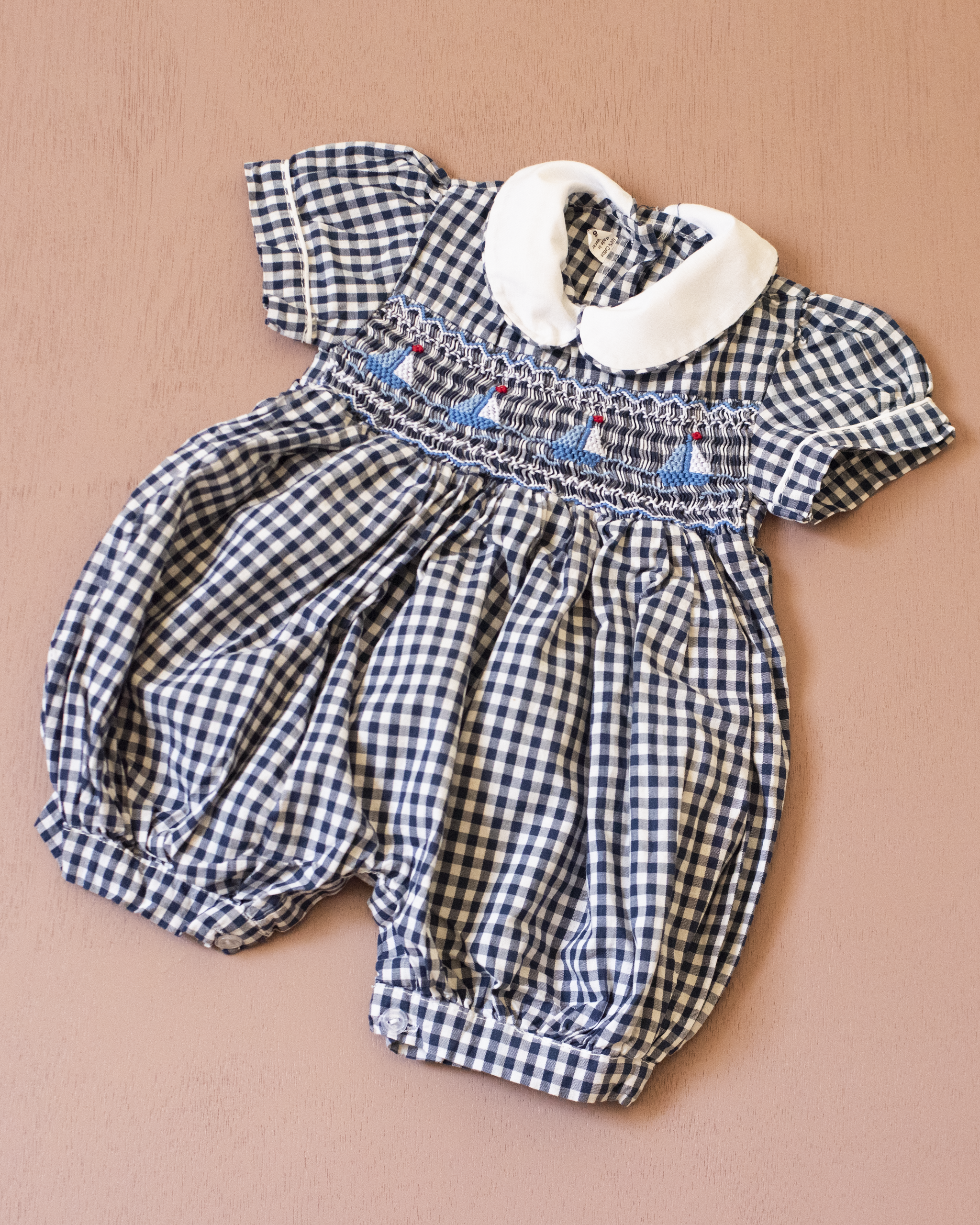 Plaid overall with embroidered sailboats | 3-6 months