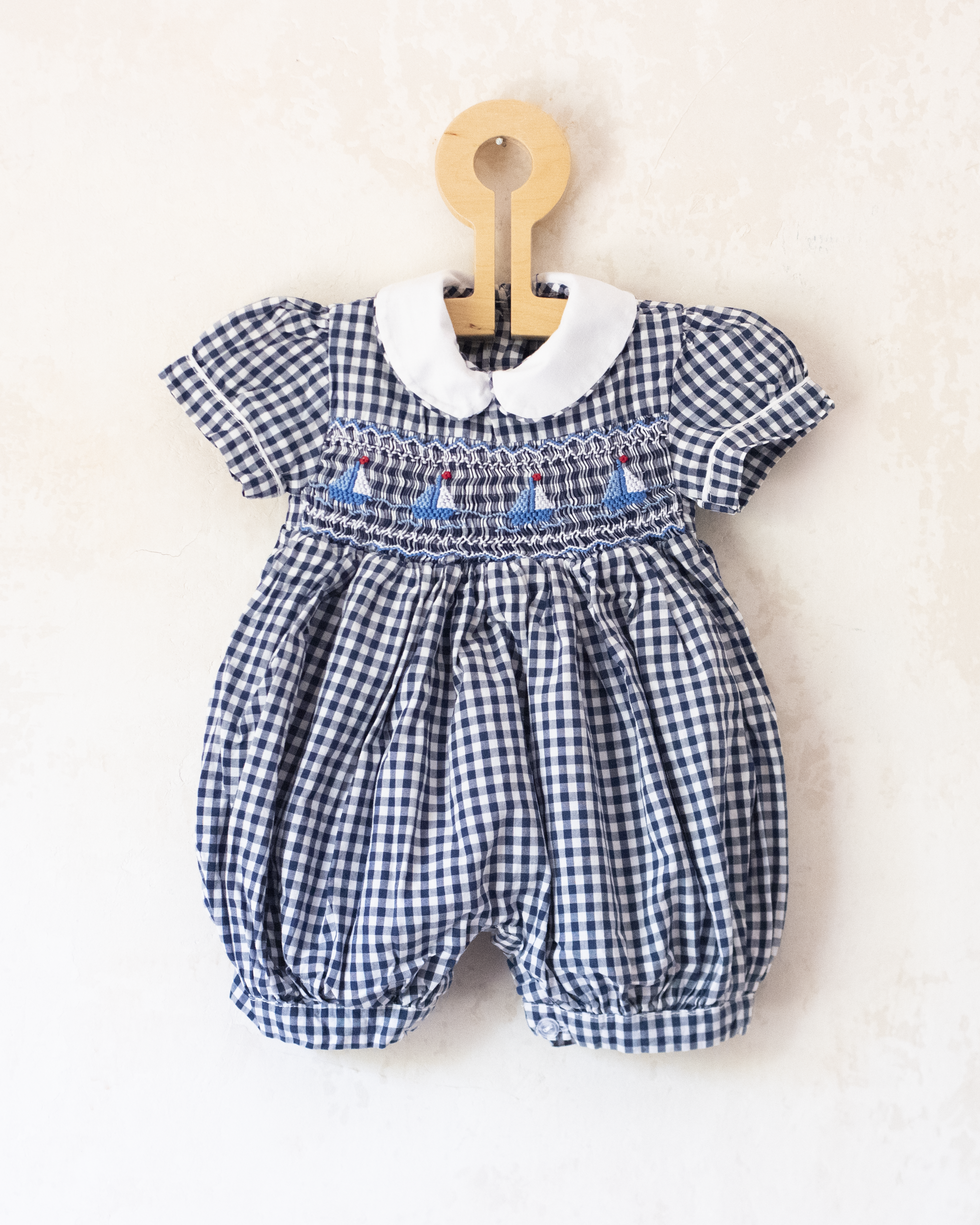 Plaid overall with embroidered sailboats | 3-6 months