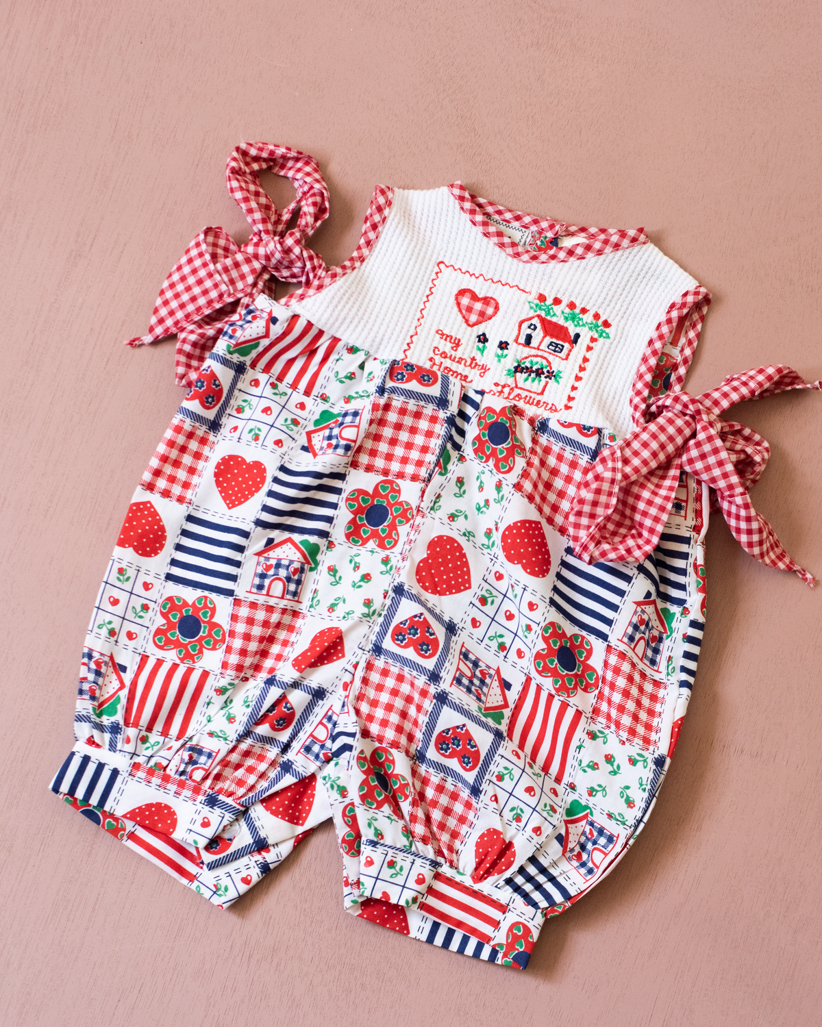Nostalgic patchwork overalls with heart and house fabric | 3-6 months