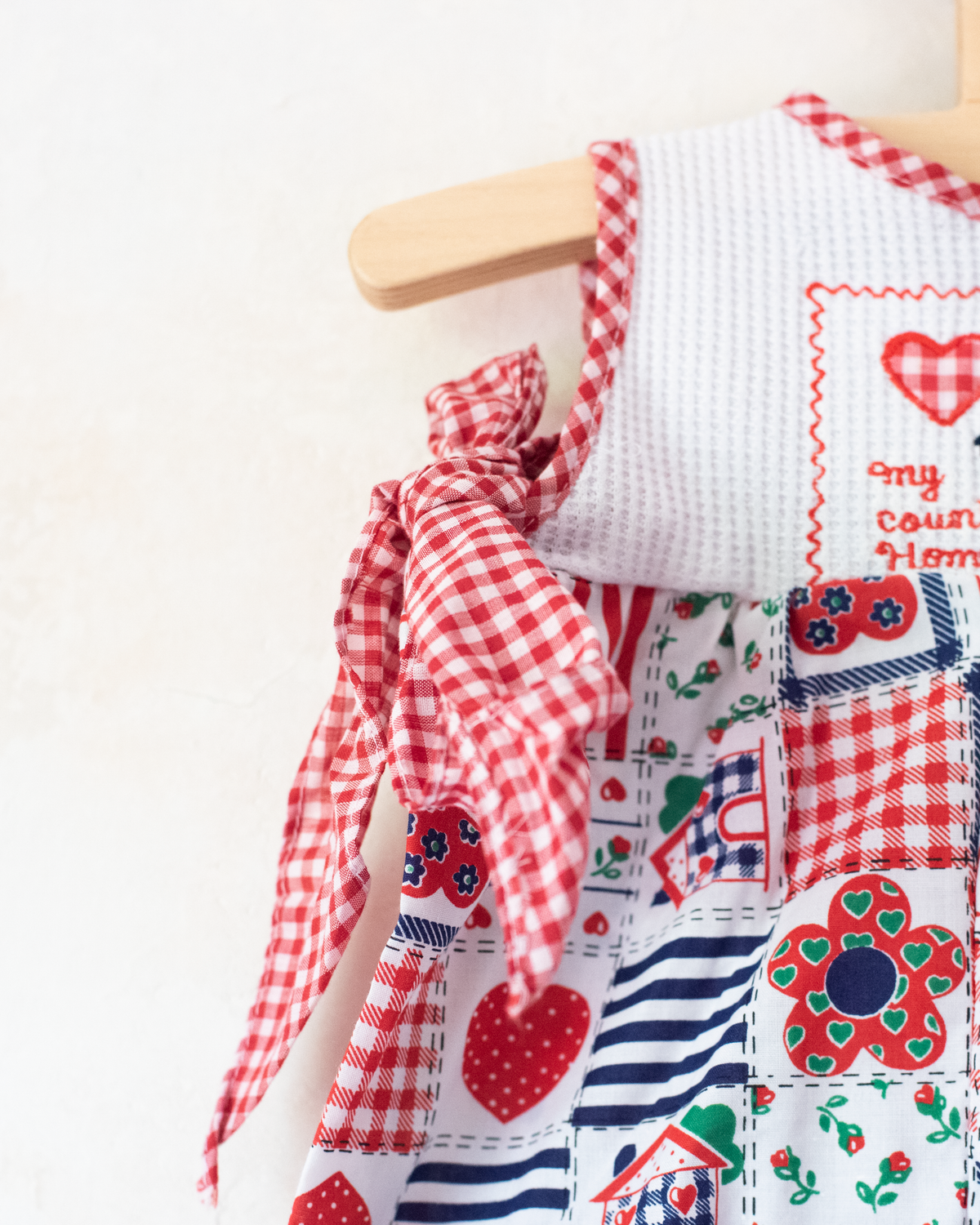Nostalgic patchwork overalls with heart and house fabric | 3-6 months