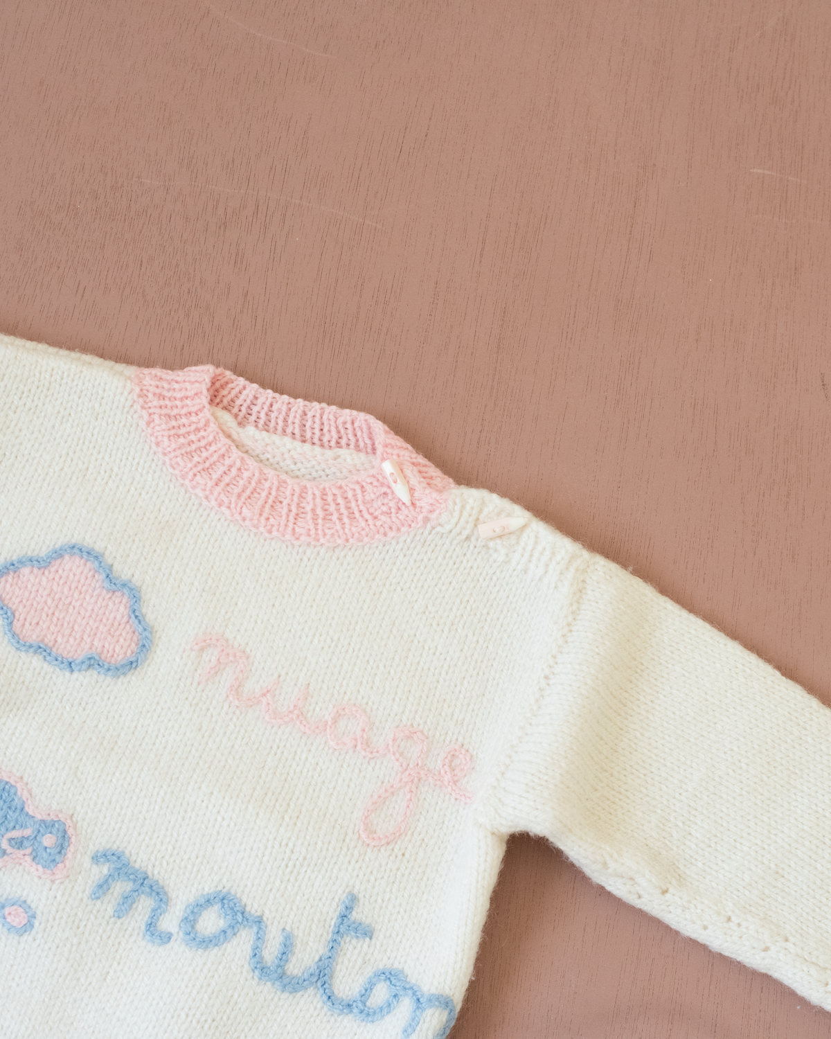 White sweater in French with cloud and sheep | 3-6 months