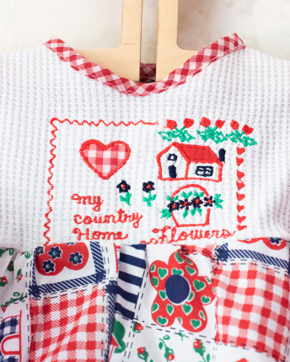 Nostalgic patchwork overalls with heart and house fabric | 3-6 months