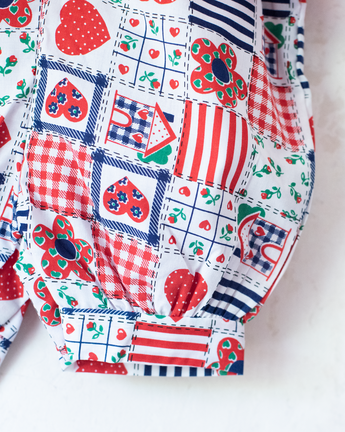 Nostalgic patchwork overalls with heart and house fabric | 3-6 months