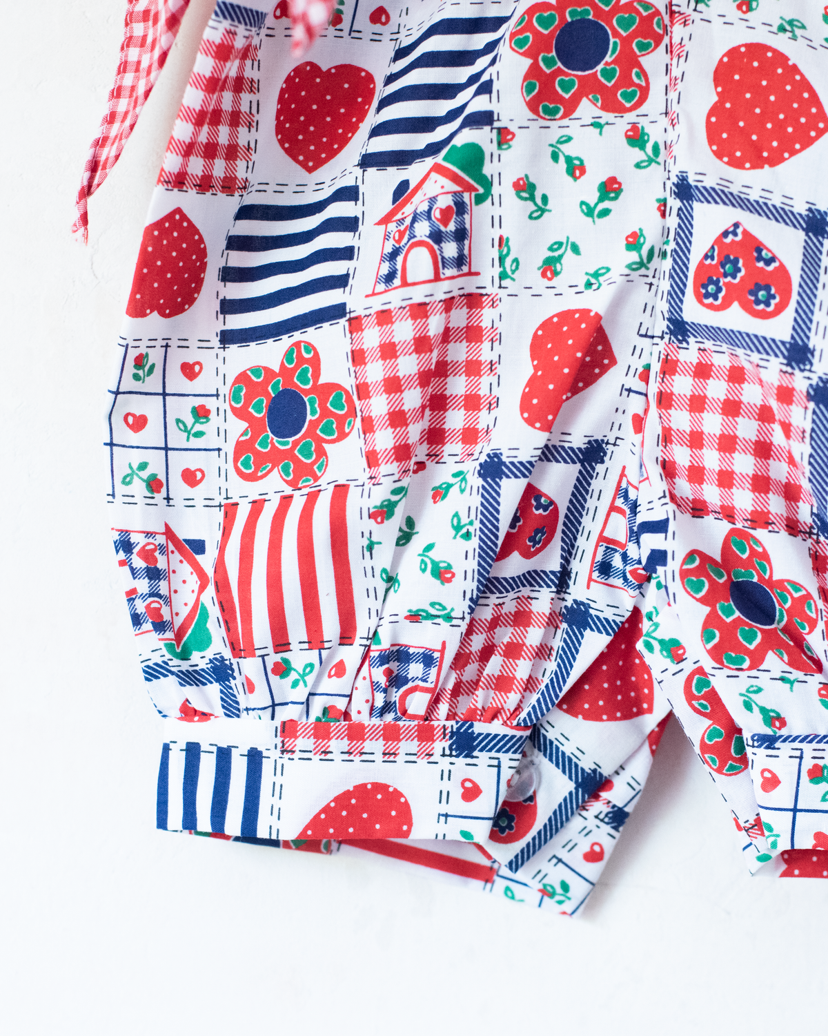 Nostalgic patchwork overalls with heart and house fabric | 3-6 months