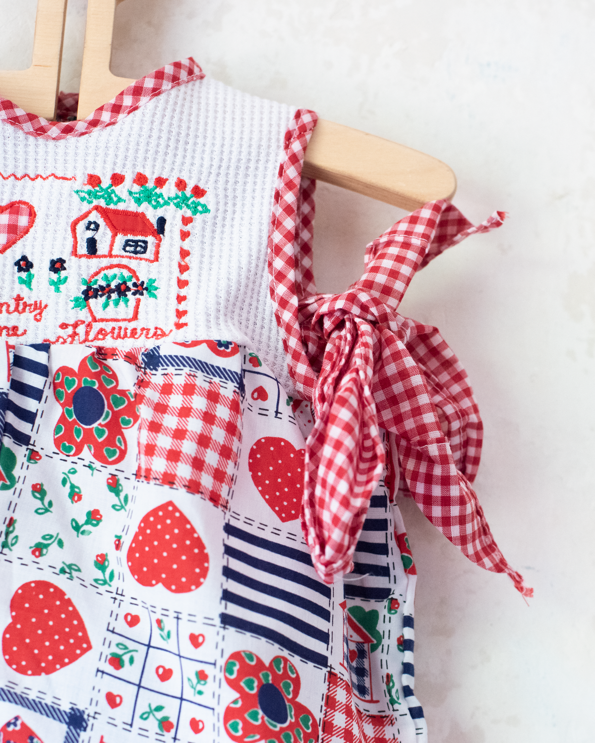 Nostalgic patchwork overalls with heart and house fabric | 3-6 months