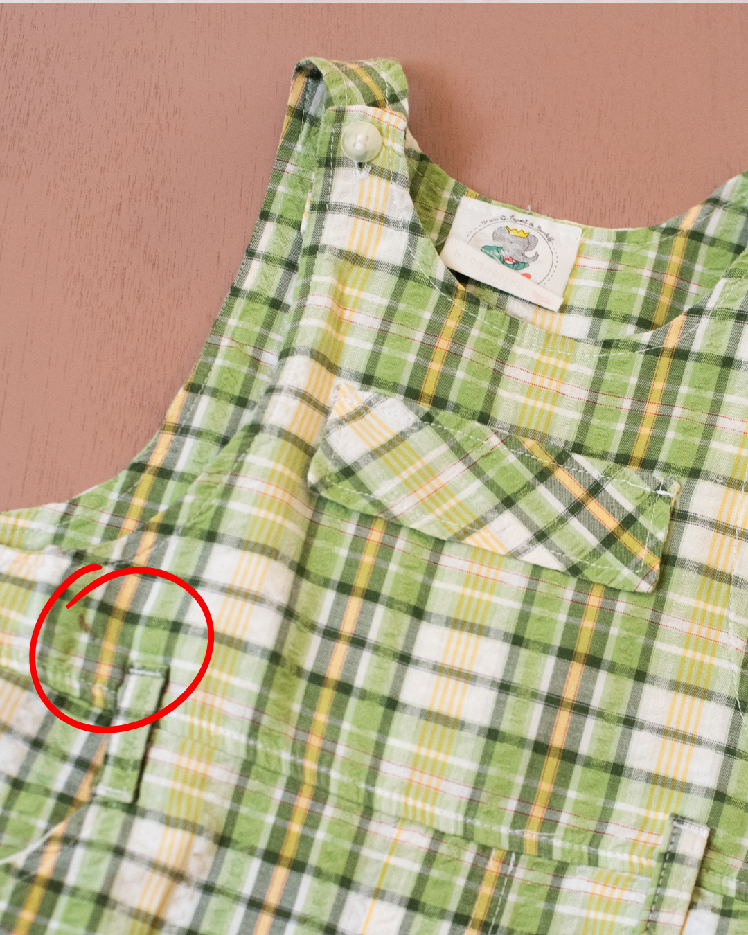 Green checkered overall with a Babar the Elephant embroidery in a parachute | 18-24 months