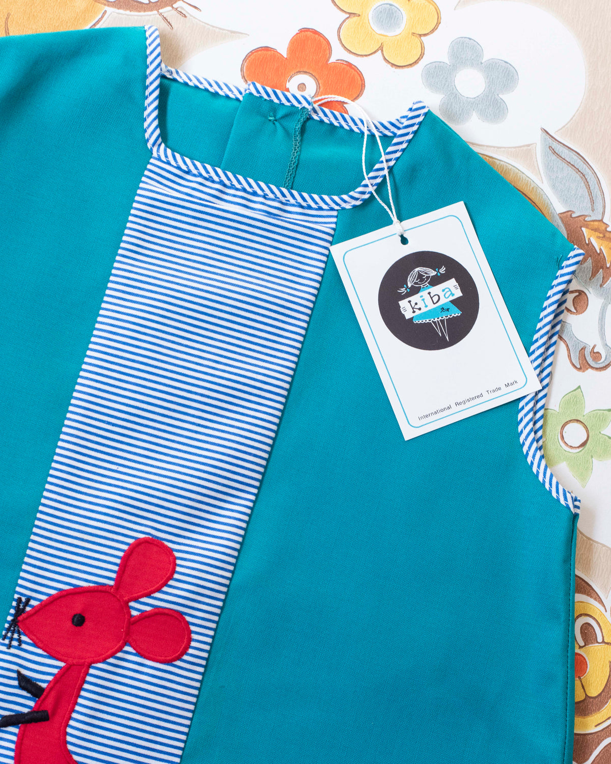 Green dress with mouse | Deadstock from the Sixties | 9-12 months