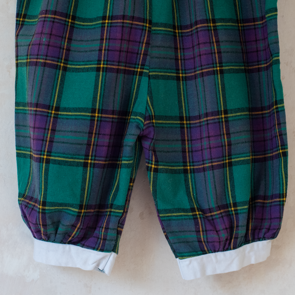 Purple and green plaid overalls | 6-9 months