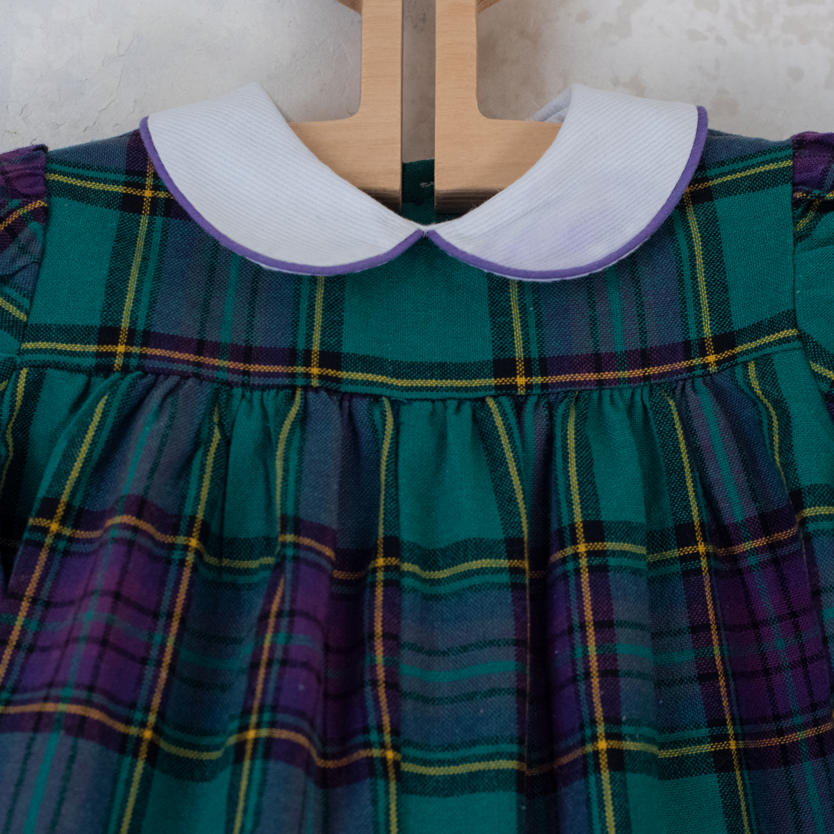 Purple and green plaid overalls | 6-9 months