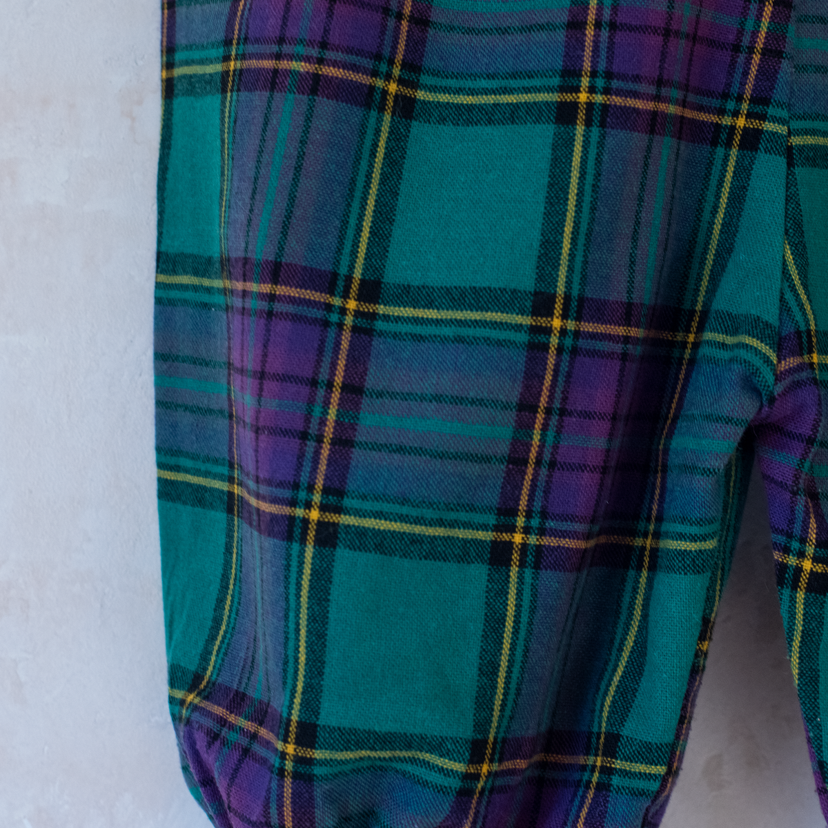Purple and green plaid overalls | 6-9 months