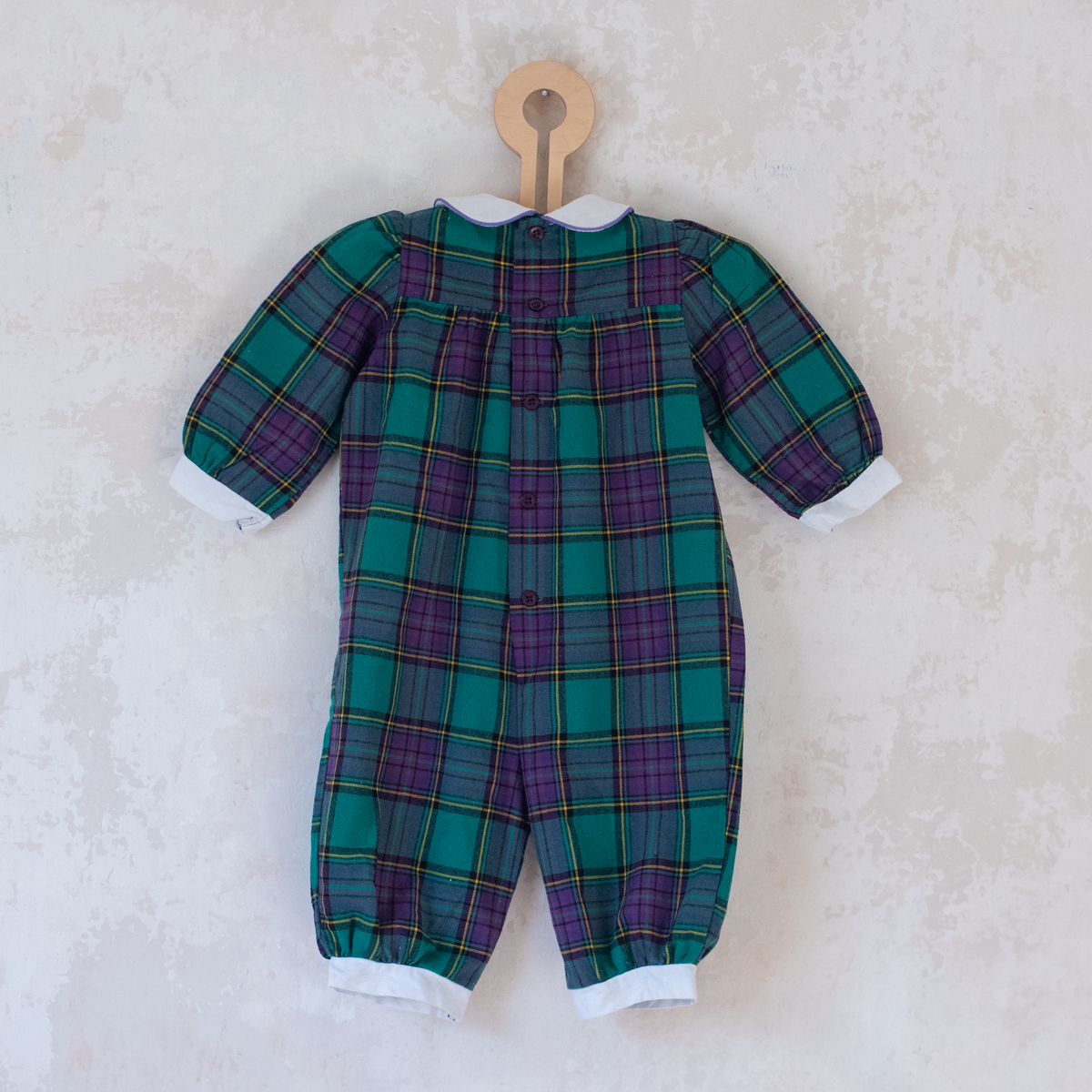 Purple and green plaid overalls | 6-9 months